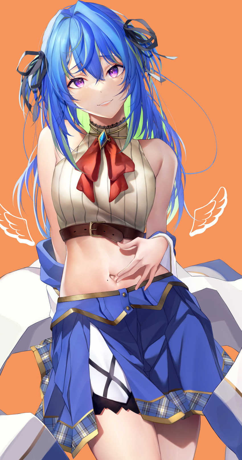 1girl, 774_inc., absurdres, bangs, bare_shoulders, belt, blue_hair, blue_skirt, blush, brown_belt, colored_inner_hair, crop_top, drawn_wings, eyebrows_visible_through_hair, green_hair, hair_between_eyes, hair_ribbon, highres, hiyoku_no_crosspiece, long_hair, looking_at_viewer, midriff, miniskirt, mole, mole_on_stomach, mole_under_eye, mugi_maccha, multicolored_hair, navel, pleated_skirt, ribbed_shirt, ribbon, shirt, skirt, sleeveless, sleeveless_shirt, smile, solo, spread_navel, stomach, suzumi_nemo, two_side_up, violet_eyes, virtual_youtuber