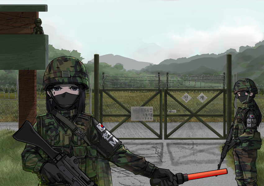 3girls, absurdres, assault_rifle, barbed_wire, black_gloves, black_hair, camouflage, camouflage_headwear