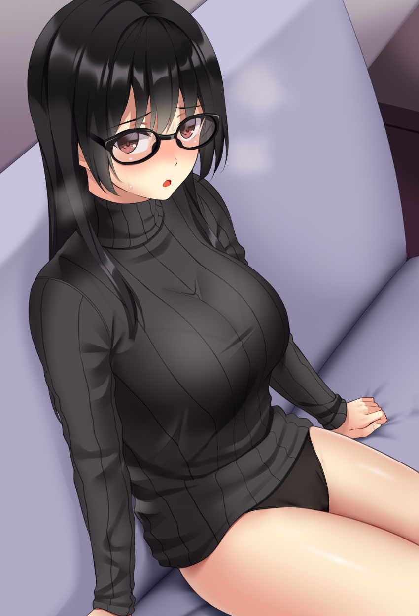1girl, absurdres, arm_support, arms_at_sides, bangs, black-framed_eyewear, black_hair, black_panties