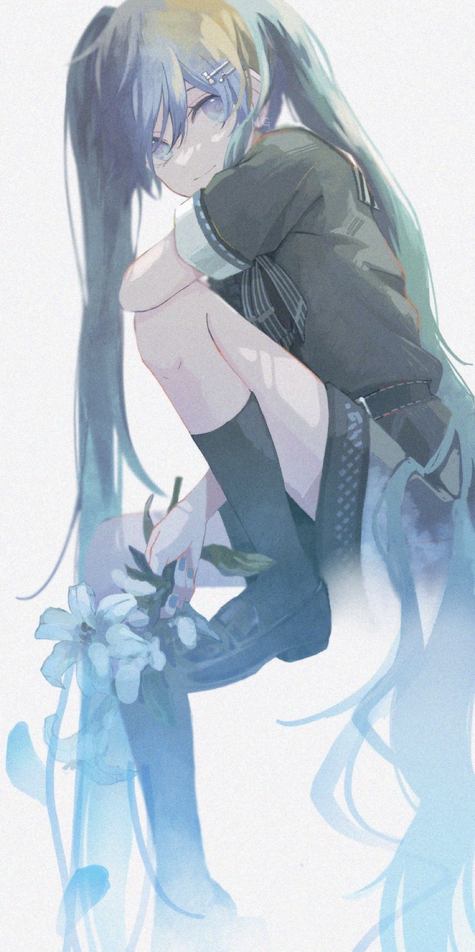 1girl, aqua_eyes, aqua_hair, hair_ornament, hairclip, hatsune_miku, highres, long_hair, project_sekai, ribbon, short_sleeves, shoujo_rei_(vocaloid), sitting, smile, solo, strawberrya_mg, twintails, vocaloid, white_lily