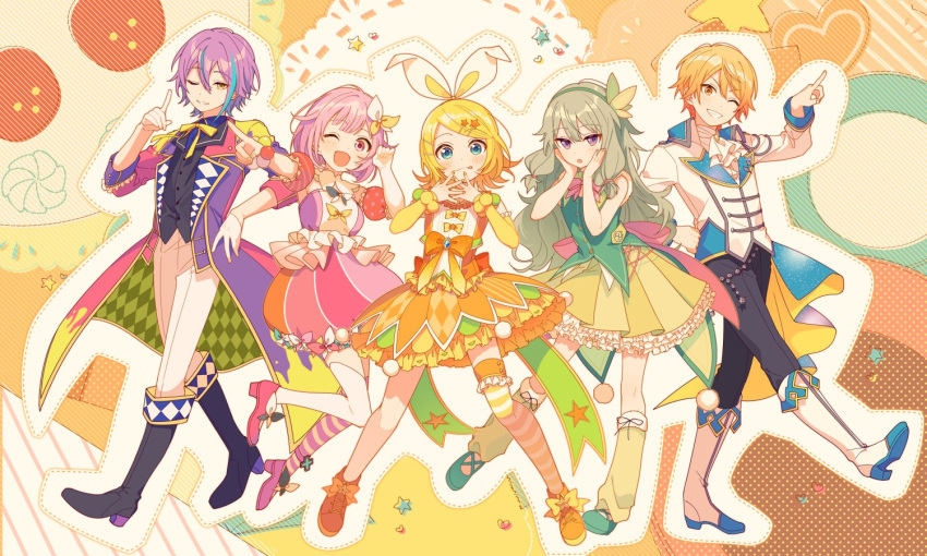 2boys, 3girls, 4_(nakajima4423), aiguillette, aqua_hair, argyle, argyle_coat, argyle_cutout