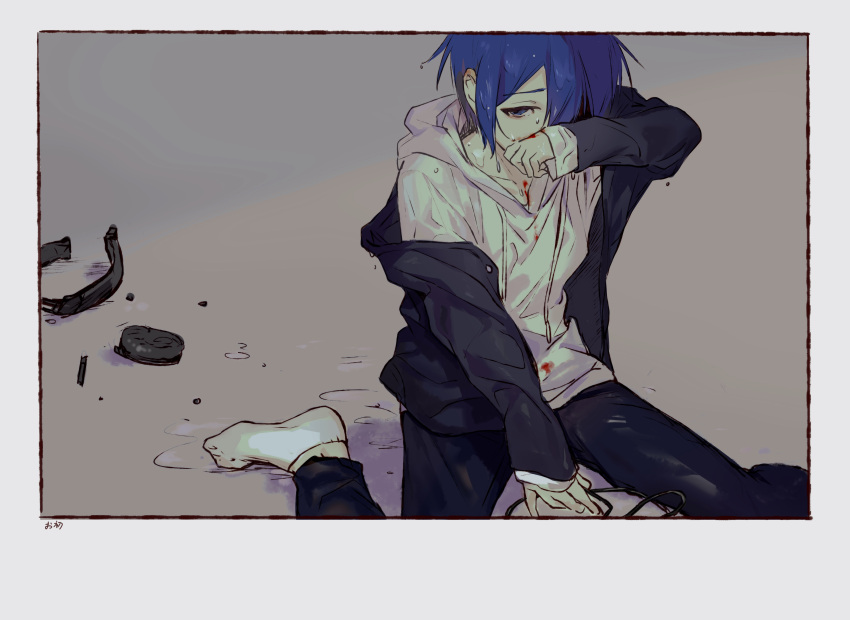 1boy, absurdres, beileimao, blood, blood_on_face, blue_eyes, blue_hair, broken_headphones