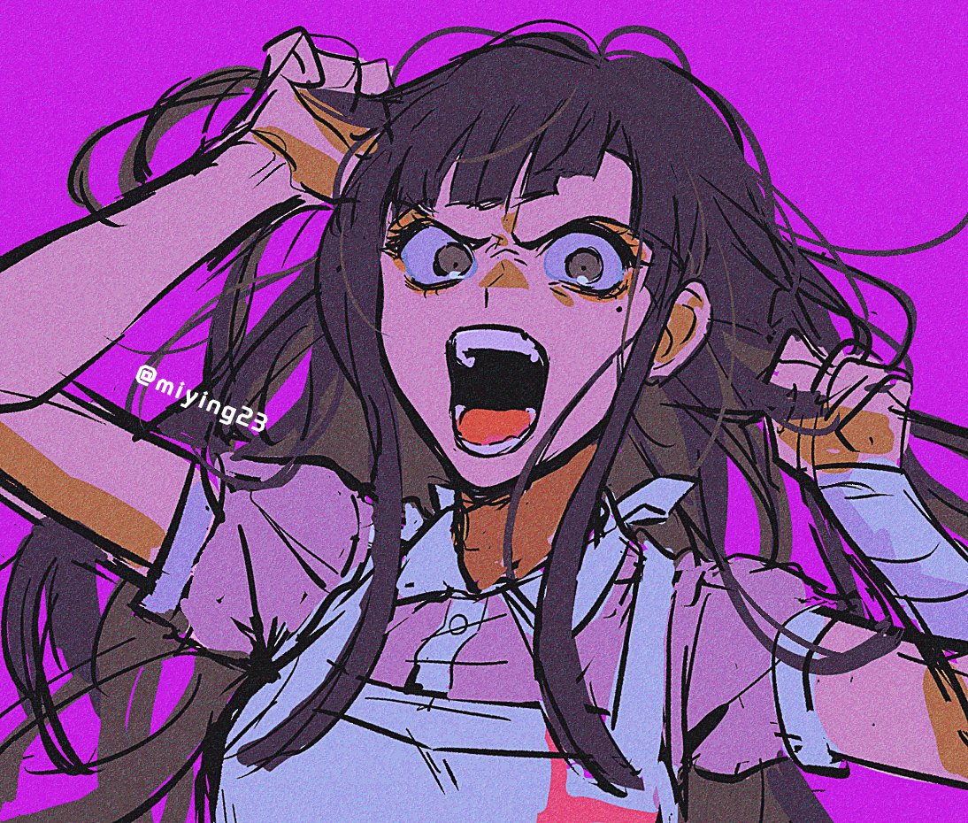 1girl, apron, bangs, black_hair, breasts, brown_hair, collared_shirt, commentary_request