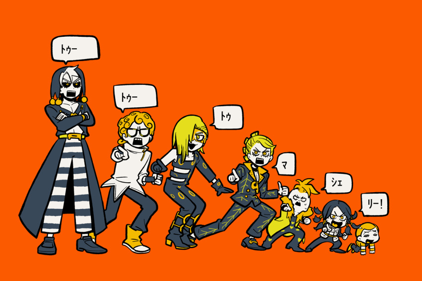 6+boys, ascending, black_sclera, colored_sclera, curly_hair, domino_mask, formaggio, ghiaccio