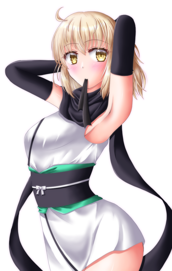 1girl, ahoge, bangs, black_bow, black_eyes, black_legwear, black_scarf, blonde_hair