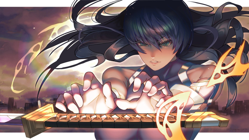 1girl, action_taimanin, blue_hair, green_eyes, highres, igawa_asagi, katana, long_hair