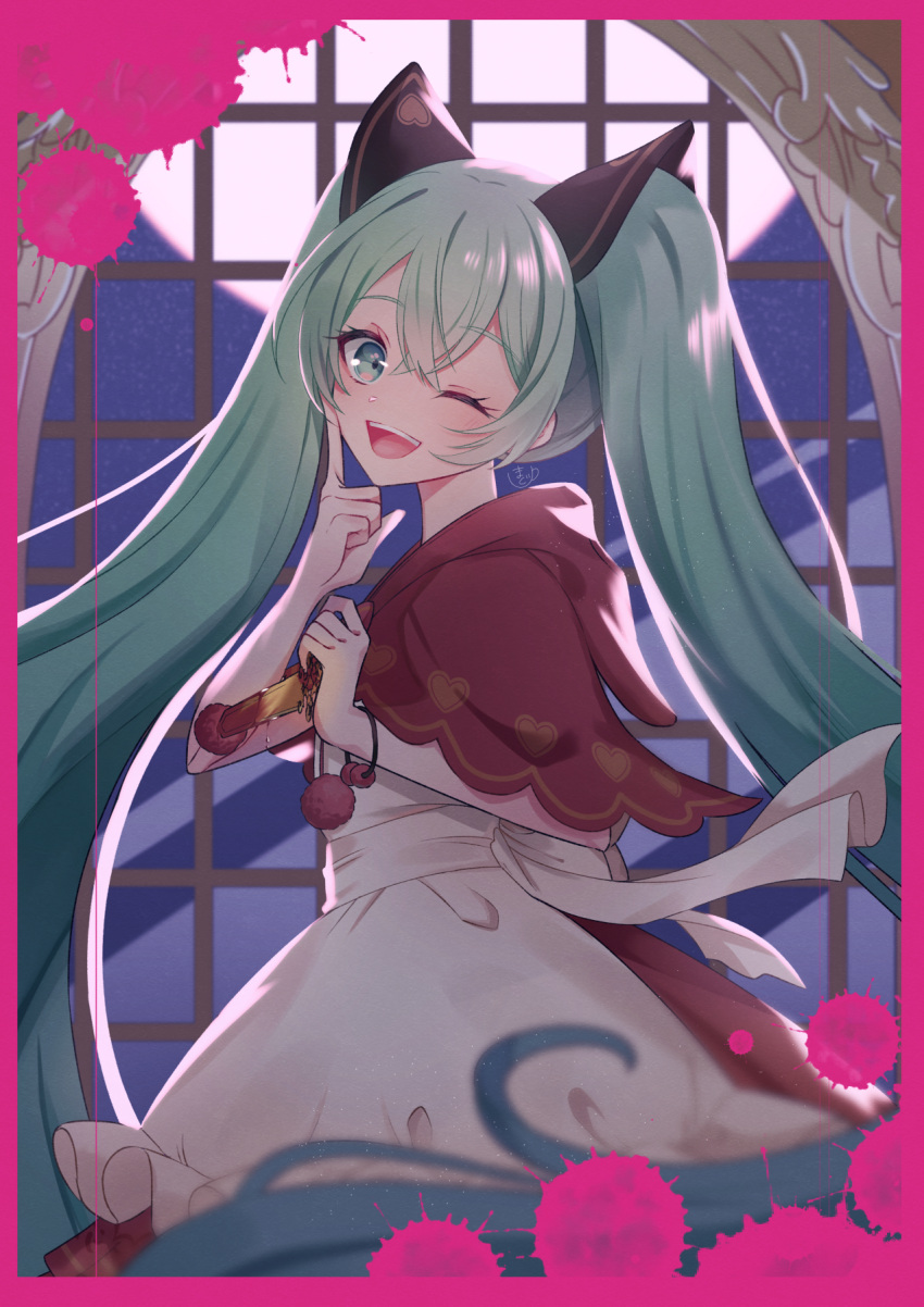 1girl, ;d, bad_end_night_(vocaloid), blood, capelet, finger_to_mouth, hand_up, hatsune_miku