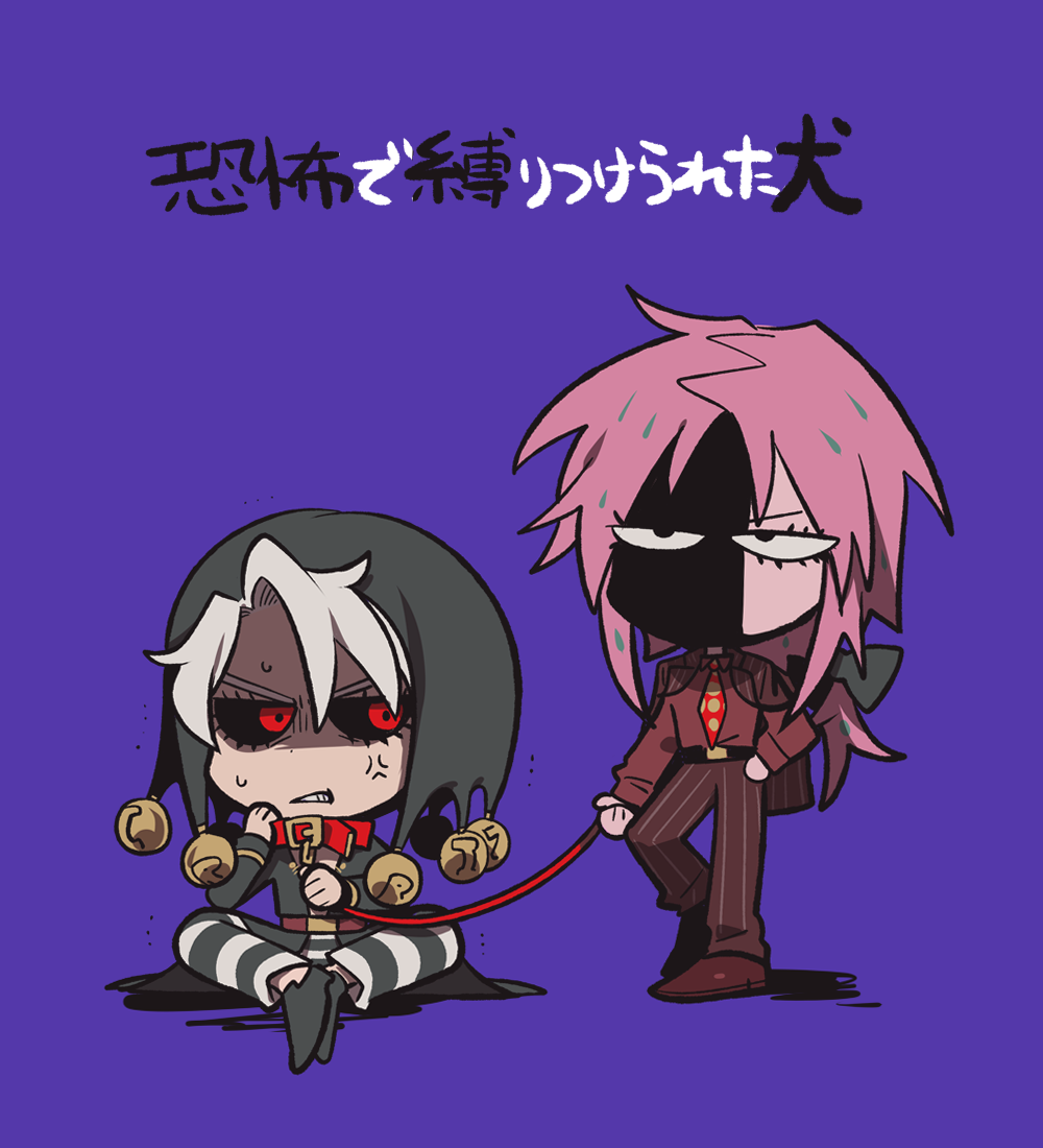 2boys, anger_vein, black_sclera, chibi, colored_sclera, diavolo, formal, grey_hair