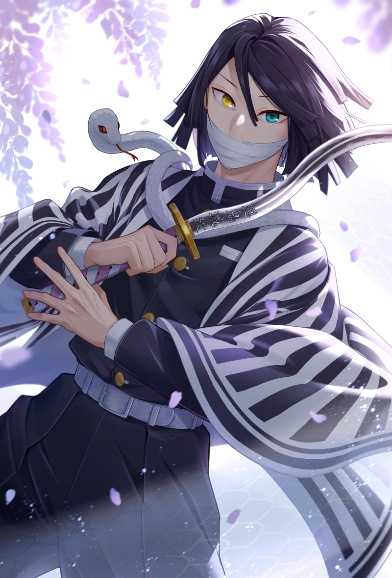 1boy, bandage_on_face, bandages, belt, black_hair, black_jacket, black_pants, blue_eyes