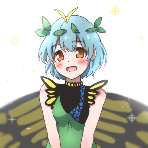 1girl, antennae, aqua_hair, bad_id, bad_twitter_id, blush, butterfly_wings, dress