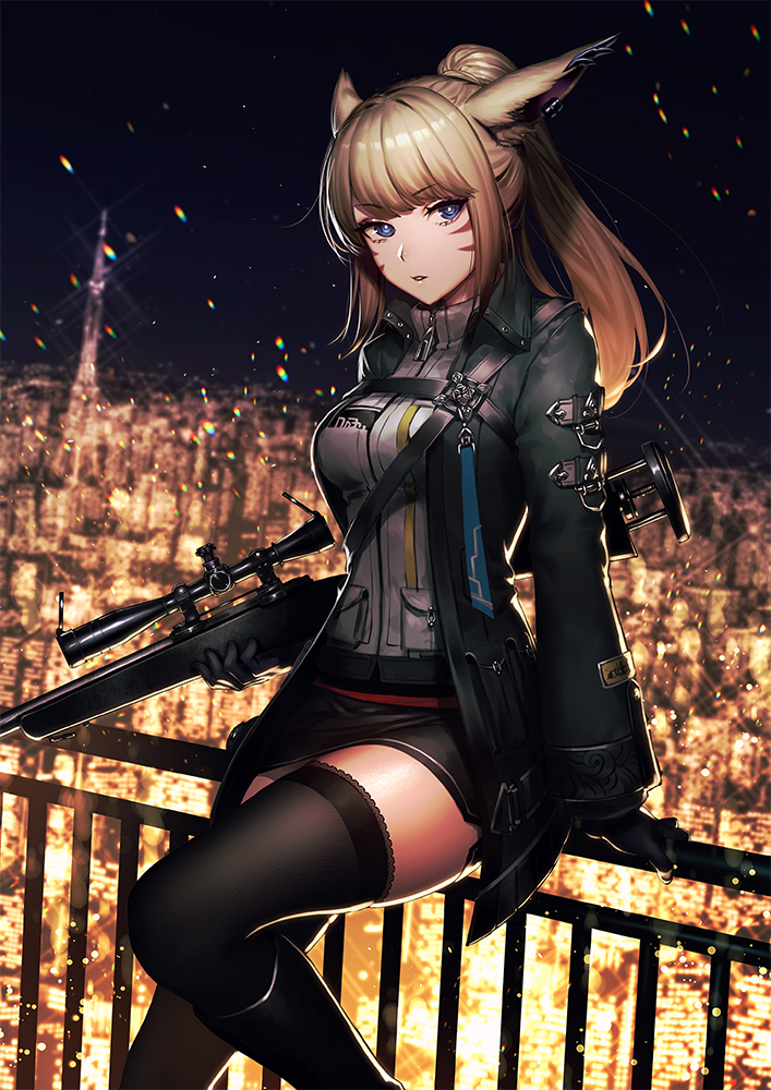 1girl, animal_ears, bangs, black_gloves, black_jacket, black_legwear, black_skirt, blue_eyes