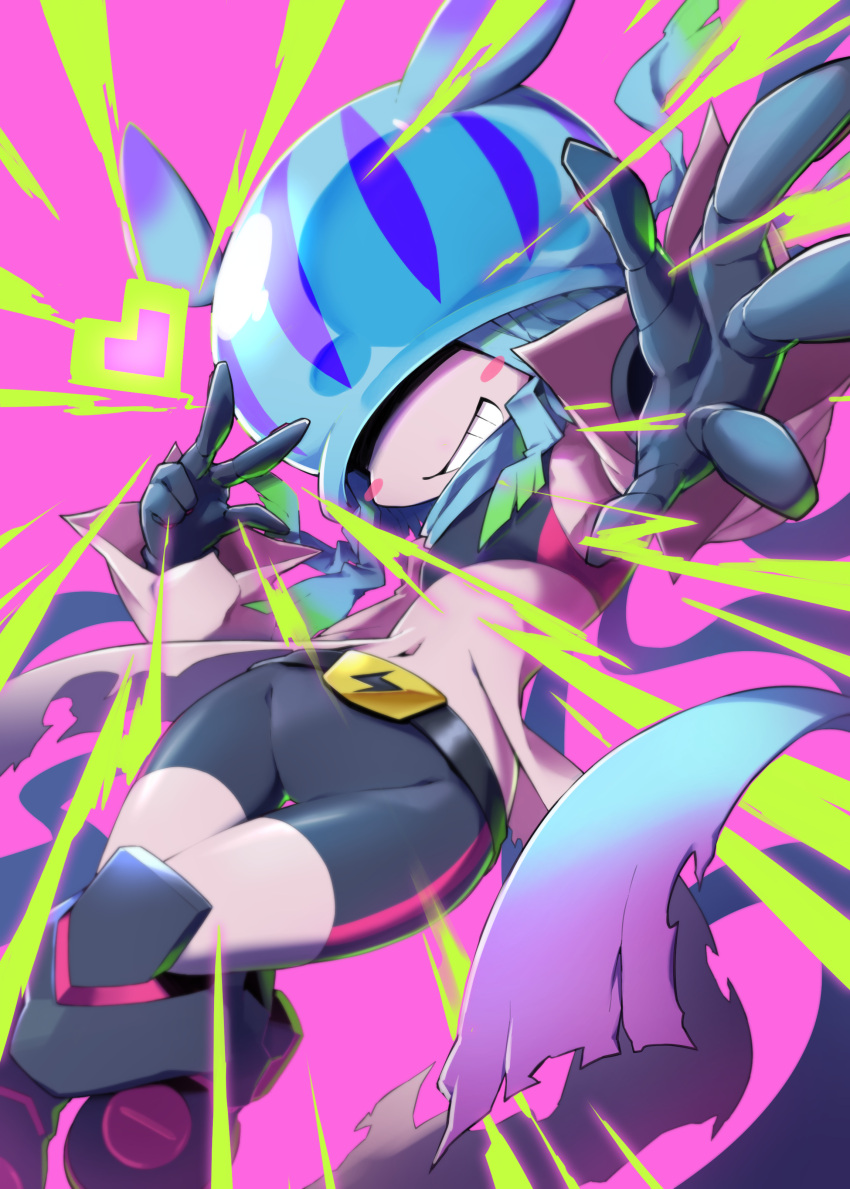 1girl, absurdres, armored_boots, armpits, bare_shoulders, belt, black_belt, black_sports_bra, blue_hair, blue_headwear, blush_stickers, boots, breasts, colored_skin, commentary, covered_eyes, digimon, digimon_(creature), digimon_ghost_game, gradient_hair, grin, heart, highres, long_hair, midriff, multicolored_hair, navel, pink_background, pink_skin, simple_background, skindentation, small_breasts, smile, solo, sports_bra, teeth, teslajellymon, thigh_gap, toyuri_(angrm), v