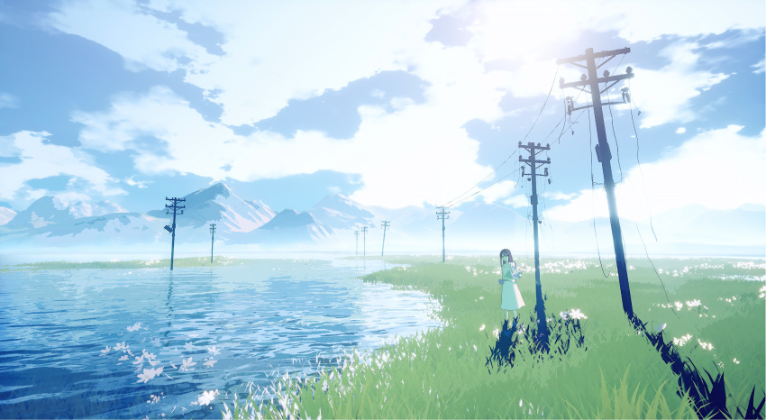 1girl, absurdres, bangs, black_eyes, black_hair, bouquet, closed_mouth, clouds