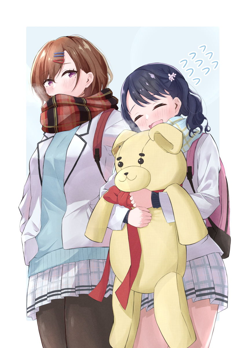 2girls, absurdres, backpack, bag, bangs, black_hair, blazer, blush