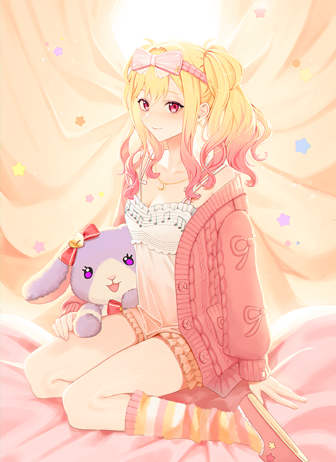 1girl, 2_(artist), arm_at_side, arm_support, backlighting, bare_shoulders, bed_sheet, blonde_hair