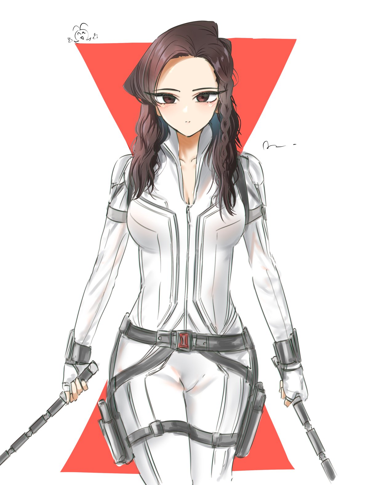 1girl, black_widow, black_widow_(cosplay), black_widow_(film), bodysuit, braid, breasts, brown_eyes, brown_hair, commentary_request, cosplay, dual_wielding, eyes_visible_through_hair, fingerless_gloves, gloves, highres, holding, holster, komi-san_wa_komyushou_desu, komi_shouko, large_breasts, long_hair, looking_at_viewer, marvel, marvel_cinematic_universe, mitsugu, side_braid, simple_background, single_braid, solo, thigh_holster, white_background, white_bodysuit, white_gloves