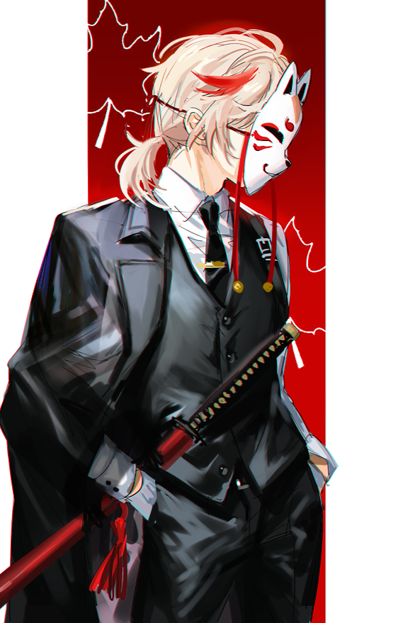1boy, ahoge, alternate_costume, black_coat, black_necktie, black_pants, black_vest, coat