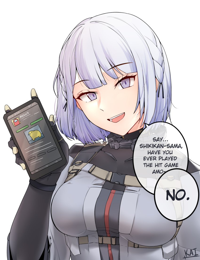 1girl, absurdres, among_us, braid, breasts, cellphone, english_text, girls_frontline