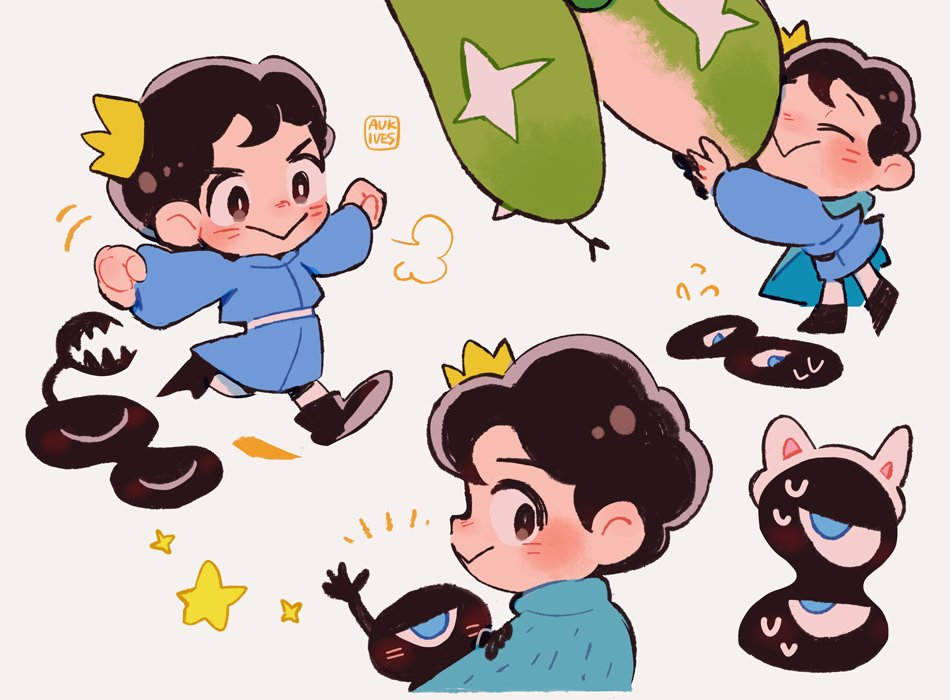 1boy, :>, animal_ears, aukives, belt, black_footwear, black_hair, blue_tunic