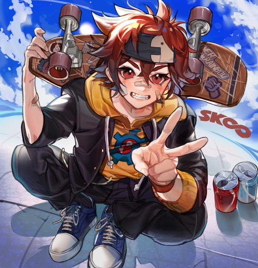 1boy, 666666ttr, bandaid, bandaid_on_nose, black_jacket, black_pants, brown_hair, can