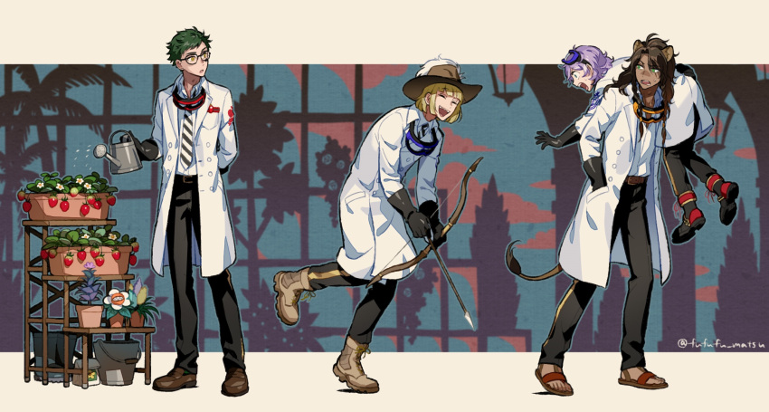 4boys, androgynous, angry, animal_ears, blue_eyes, bow_(weapon), closed_eyes, dark_skin