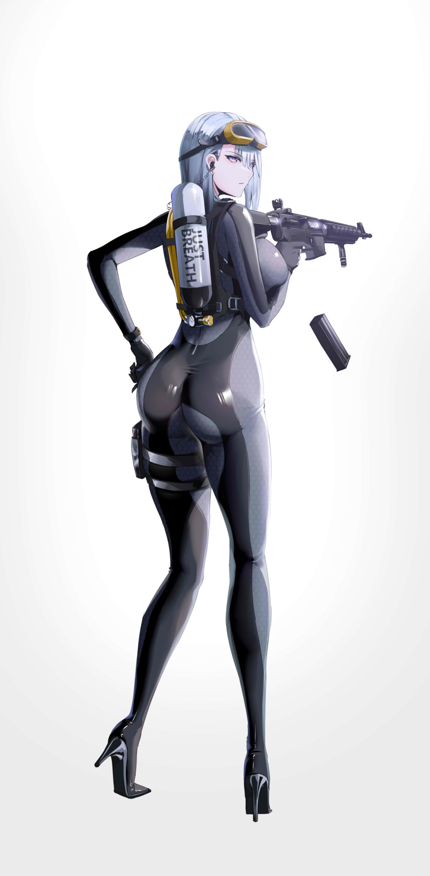 1girl, 9h, absurdres, ass, assault_rifle, bodysuit, breasts, closed_mouth