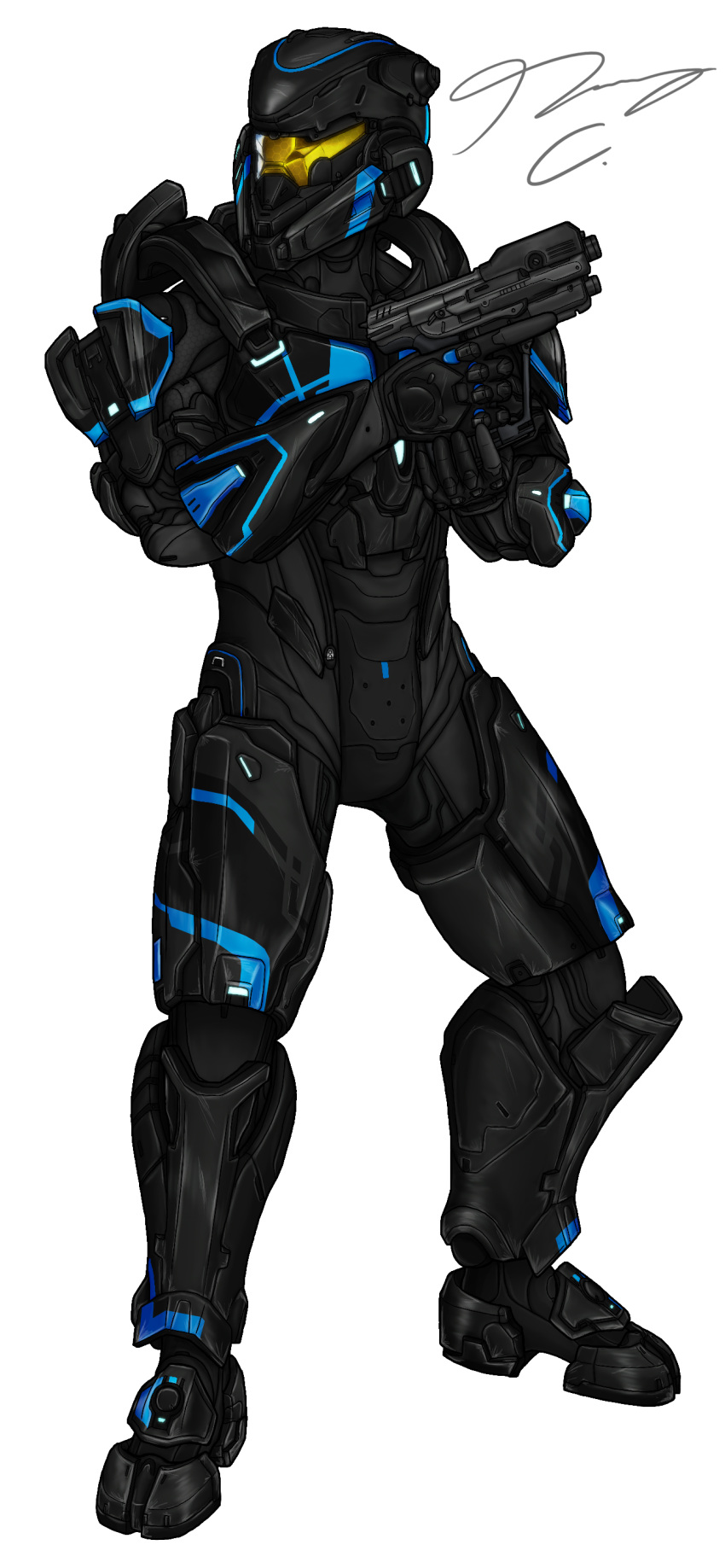 1boy, absurdres, commission, english_commentary, gun, halo_(series), halo_5:_guardians, helmet