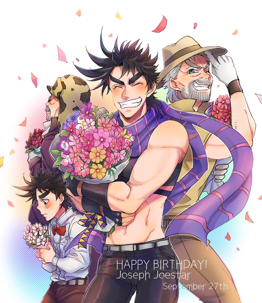 4boys, abs, battle_tendency, beard, bomber_hat, bouquet, brown_hair, child, confetti, crop_top, diamond_wa_kudakenai, facial_hair, fedora, flower, gloves, grey_hair, grin, groin, happy_birthday, hat, highres, jojo_no_kimyou_na_bouken, joseph_joestar, joseph_joestar_(old), joseph_joestar_(young), male_focus, mdriff, multiple_boys, old, old_man, older, purple_scarf, ribbon, scarf, smile, stardust_crusaders, striped, striped_scarf, sunabu, teenage, triangle_print, white_gloves, younger