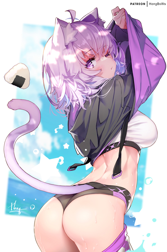 1girl, animal_ear_fluff, animal_ears, ass, back, bangs, bikini, black_bikini