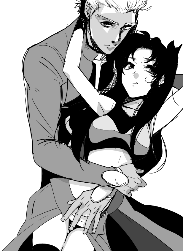 1boy, 1girl, archer_(fate), archer_(fate)_(cosplay), bare_shoulders, cosplay, dark-skinned_male, dark_skin, fate/stay_night, fate_(series), gloves, greyscale, hair_ribbon, midriff, monochrome, ribbon, rin, showgirl_skirt, tattsun_(denden0417), thigh-highs, tohsaka_rin, two_side_up