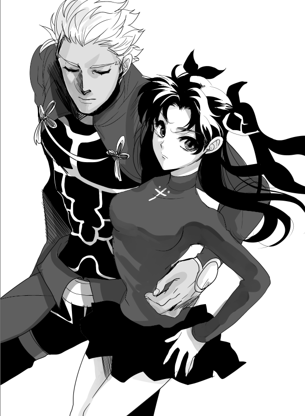 1boy, 1girl, archer_(fate), arm_around_back, dark-skinned_male, dark_skin, fate/stay_night, fate_(series)