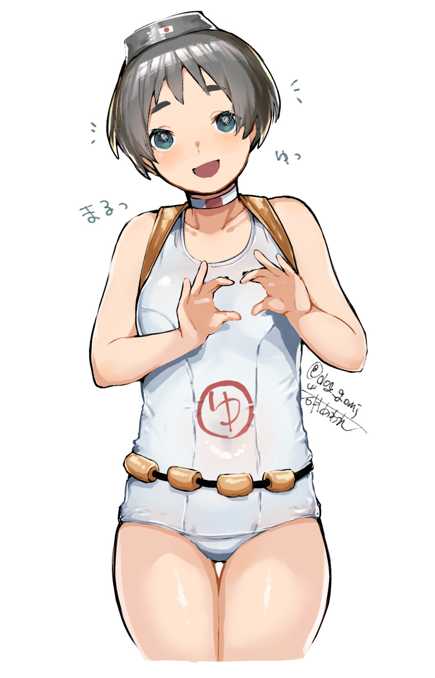 1girl, artist_name, bangs, black_hair, choker, cowboy_shot, diving_mask, diving_mask_on_head