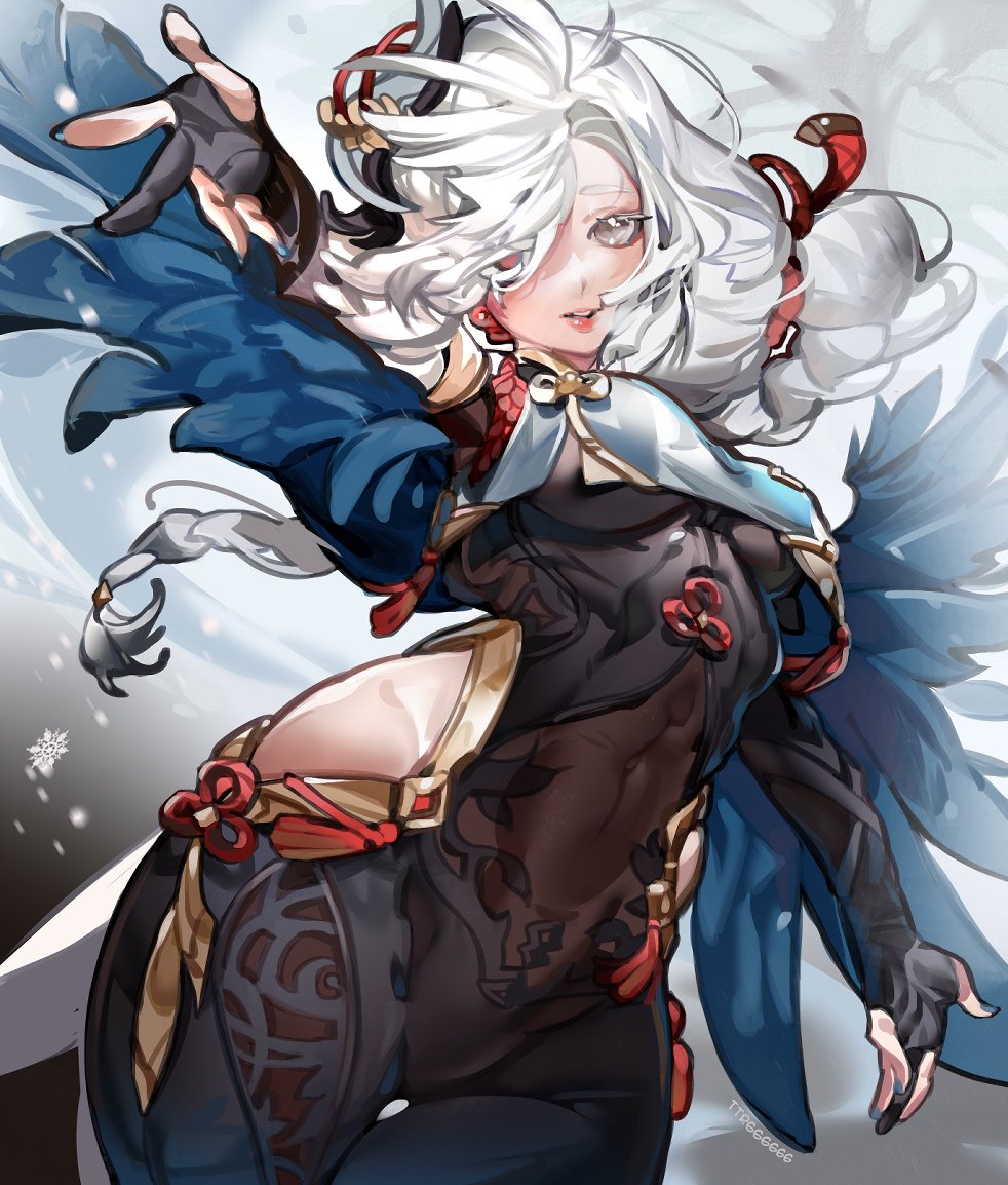 1girl, 666666ttr, braid, braided_ponytail, commentary, covered_navel, cowboy_shot, genshin_impact