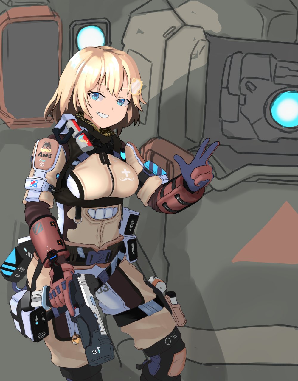 1girl, blonde_hair, blue_eyes, breasts, brown_gloves, bt-7274, bubba_(watson_amelia), cosplay, english_commentary, eyebrows_behind_hair, gloves, gun, hair_ornament, handgun, highres, holding, holding_gun, holding_weapon, hololive, hololive_english, knee_pads, looking_at_viewer, mecha, medium_breasts, monocle_hair_ornament, pilot_(titanfall_2), pilot_(titanfall_2)_(cosplay), pilot_suit, pistol, re-45_auto, sate, short_hair, titanfall_(series), titanfall_2, v, v-shaped_eyebrows, virtual_youtuber, watson_amelia, weapon