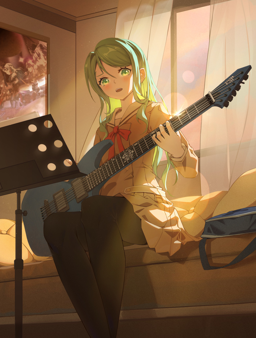 1girl, absurdres, alisi, aqua_hair, bag, bang_dream!, bangs, bed
