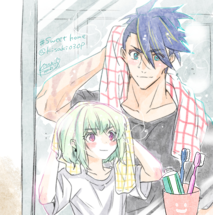 2boys, absurdres, androgynous, blue_eyes, blue_hair, blush, casual, drying