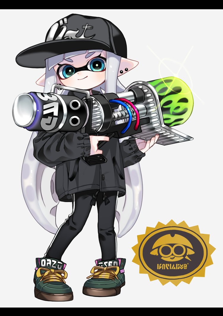 1girl, aqua_eyes, bangs, baseball_cap, black_footwear, black_headwear, black_jacket, black_pants