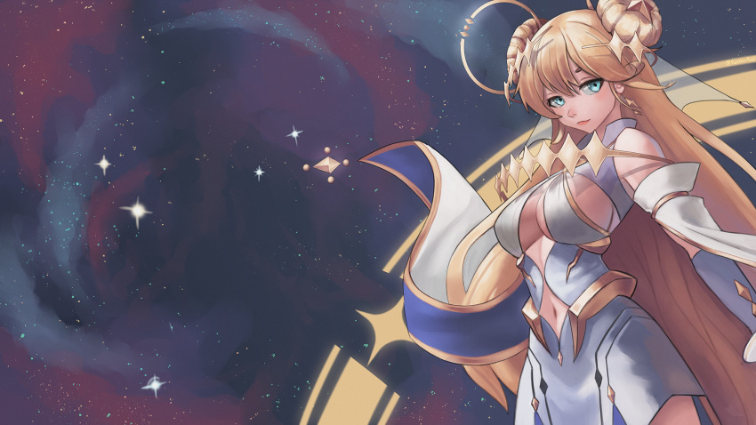 1girl, blonde_hair, blue_eyes, blue_gloves, breasts, clothing_cutout, cyberlive, double_bun