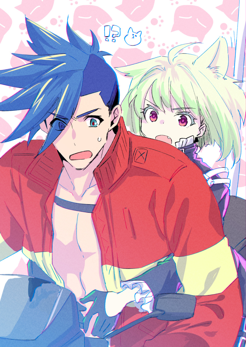 2boys, animal_ears, ascot, black_gloves, black_jacket, blue_eyes, blue_hair, cat_ears