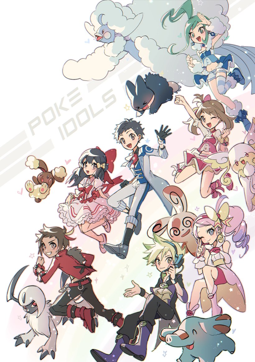 3boys, 4girls, ;), ;d, absol, altaria, arm_up, audino