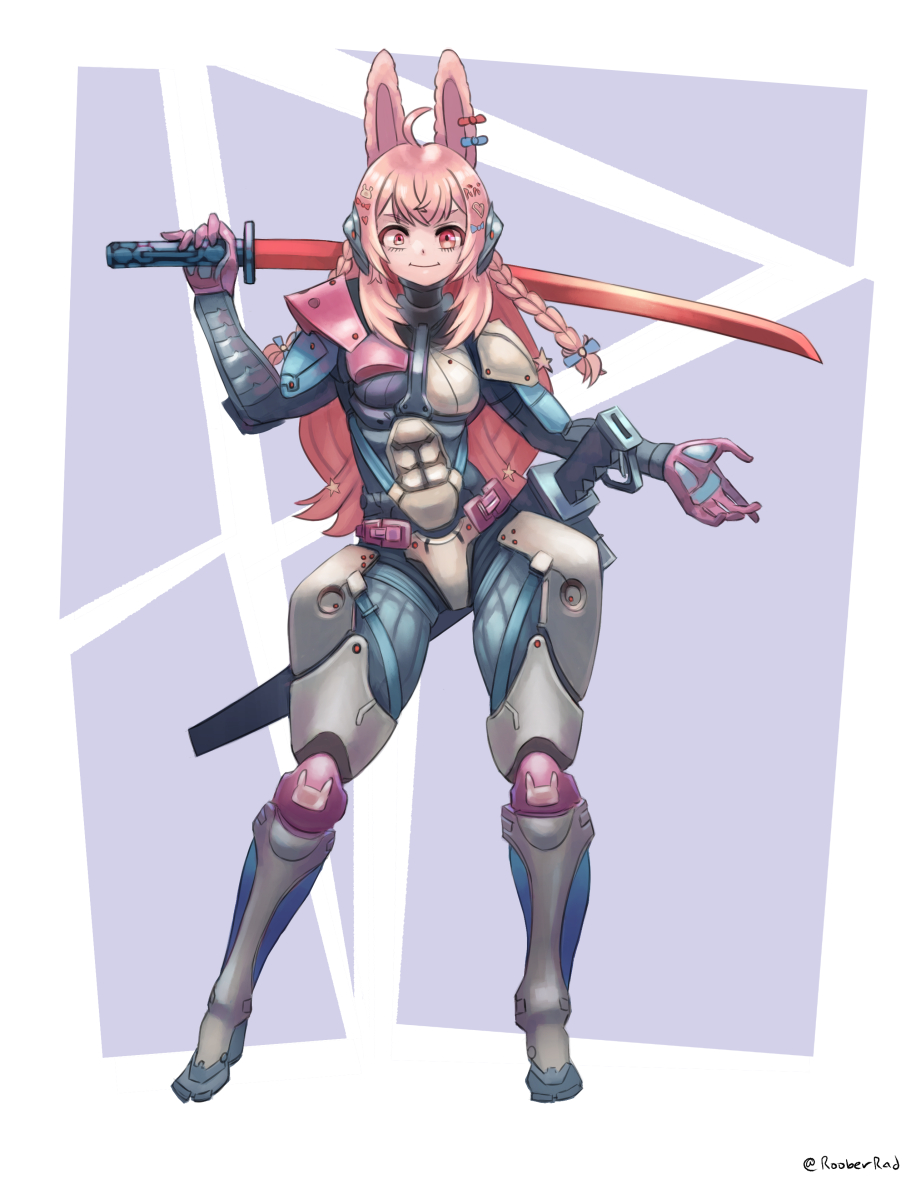 1girl, abs, animal_ears, blue_bow, bow, braid, breasts, bunny_hair_ornament, commission, cosplay, crazy_eyes, cyborg, english_commentary, eyebrows_behind_hair, hair_bow, hair_ornament, heart, heart_hair_ornament, holding, holding_sword, holding_weapon, long_hair, looking_at_viewer, metal_gear_(series), metal_gear_rising:_revengeance, open_hand, phase_connect, pink_bow, pink_eyes, pipkin_pippa, rabbit_ears, rabbit_girl, roober, samuel_rodrigues, samuel_rodrigues_(cosplay), side_braid, small_breasts, smile, solo, sword, virtual_youtuber, weapon, white_background