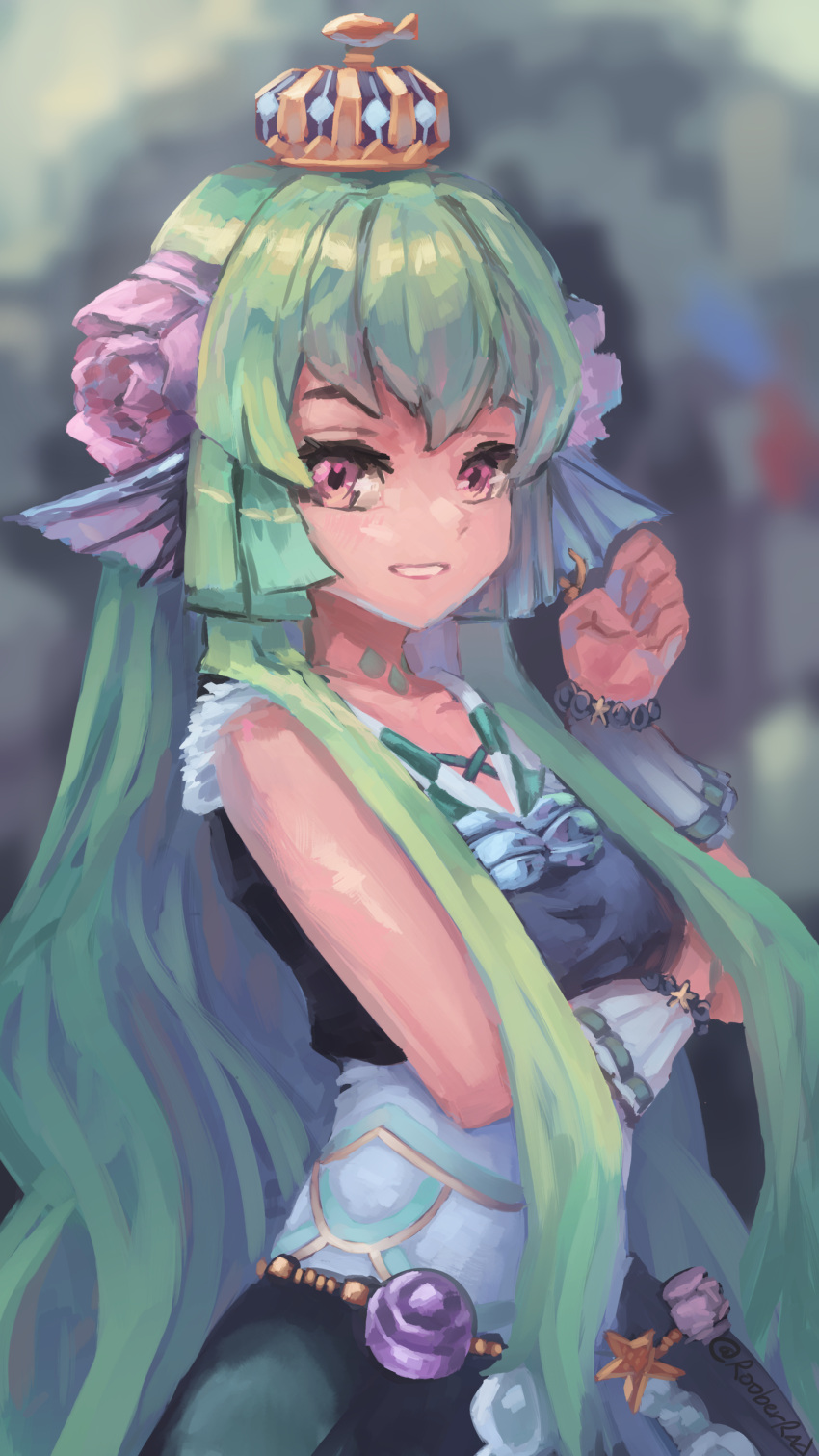 1girl, absurdres, bangs, breasts, clenched_hand, crown, eyebrows_behind_hair, finana_ryugu