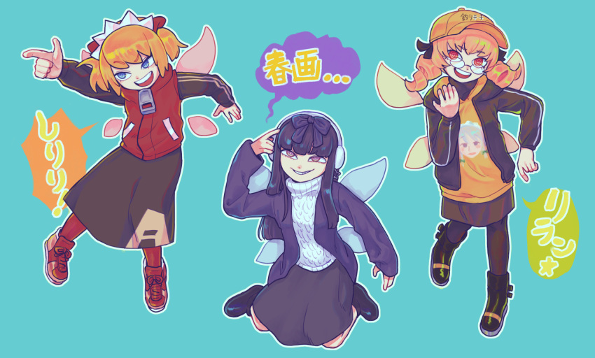 3girls, @_@, bangs, baseball_cap, black-framed_eyewear, black_footwear, black_hair, black_hoodie