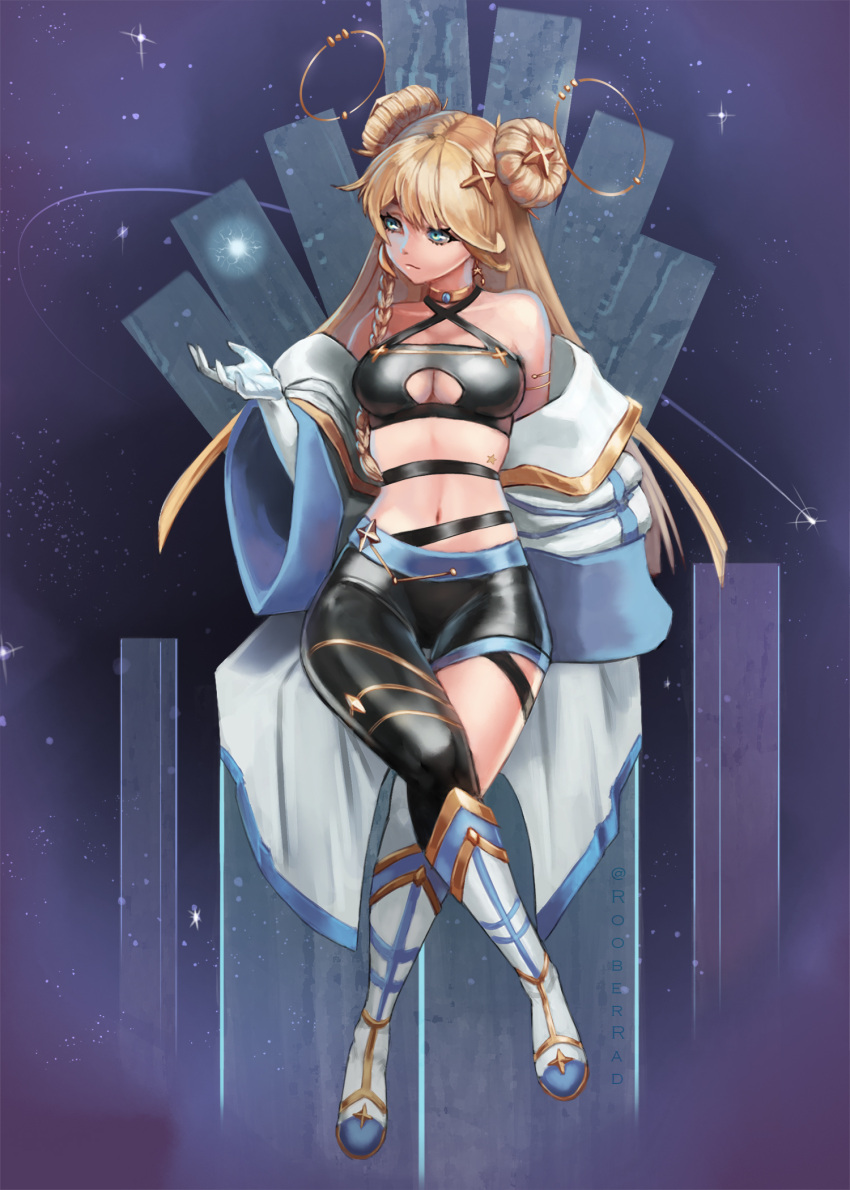 1girl, asymmetrical_legwear, bangs, black_pants, blonde_hair, blue_eyes, boots, braid
