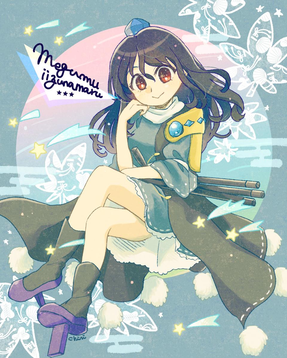 1girl, black_coat, black_hair, black_legwear, blue_dress, blue_headwear, breasts, character_name