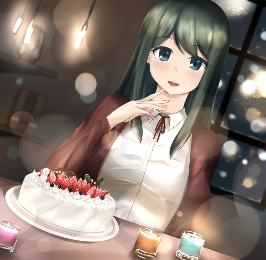 1girl, blush, breasts, brown_cardigan, cake, candle, cardigan, collared_shirt