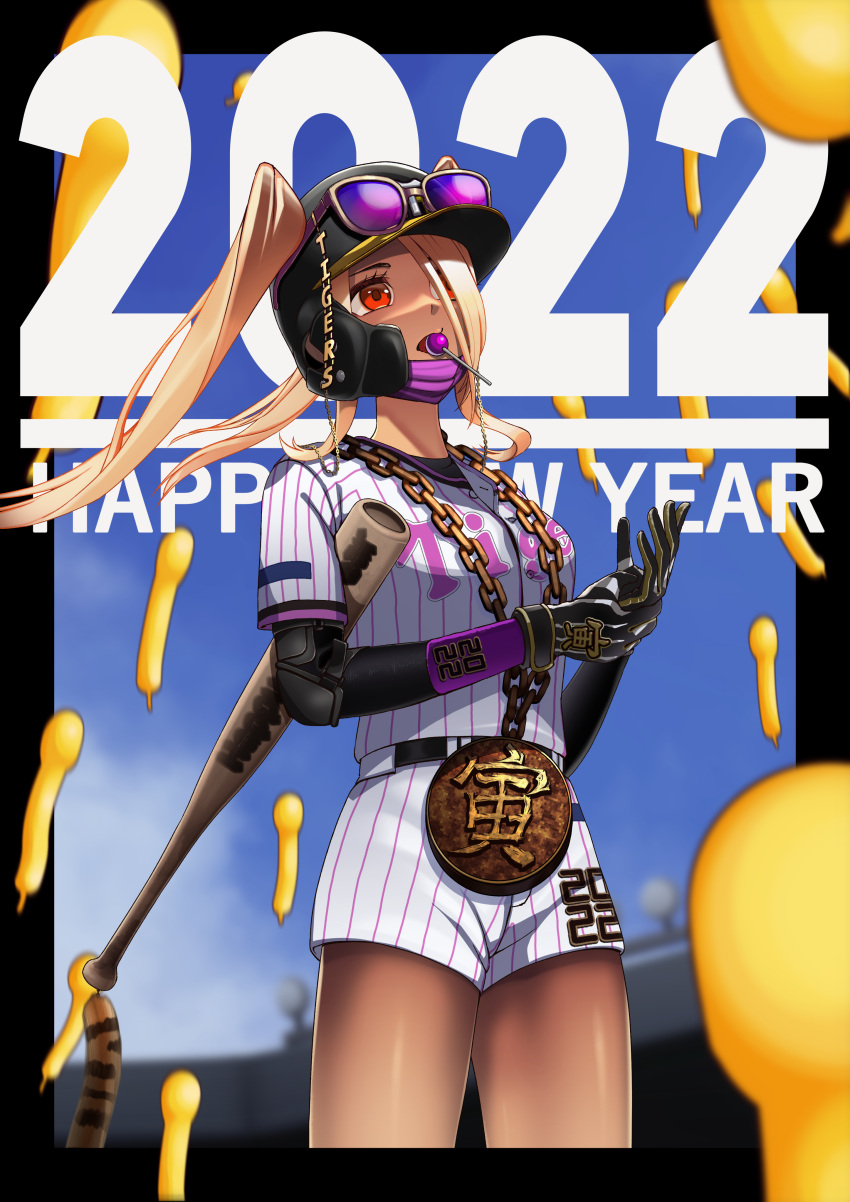 2022, absurdres, balloon, bangs, baseball_bat, baseball_uniform, black_gloves, breasts