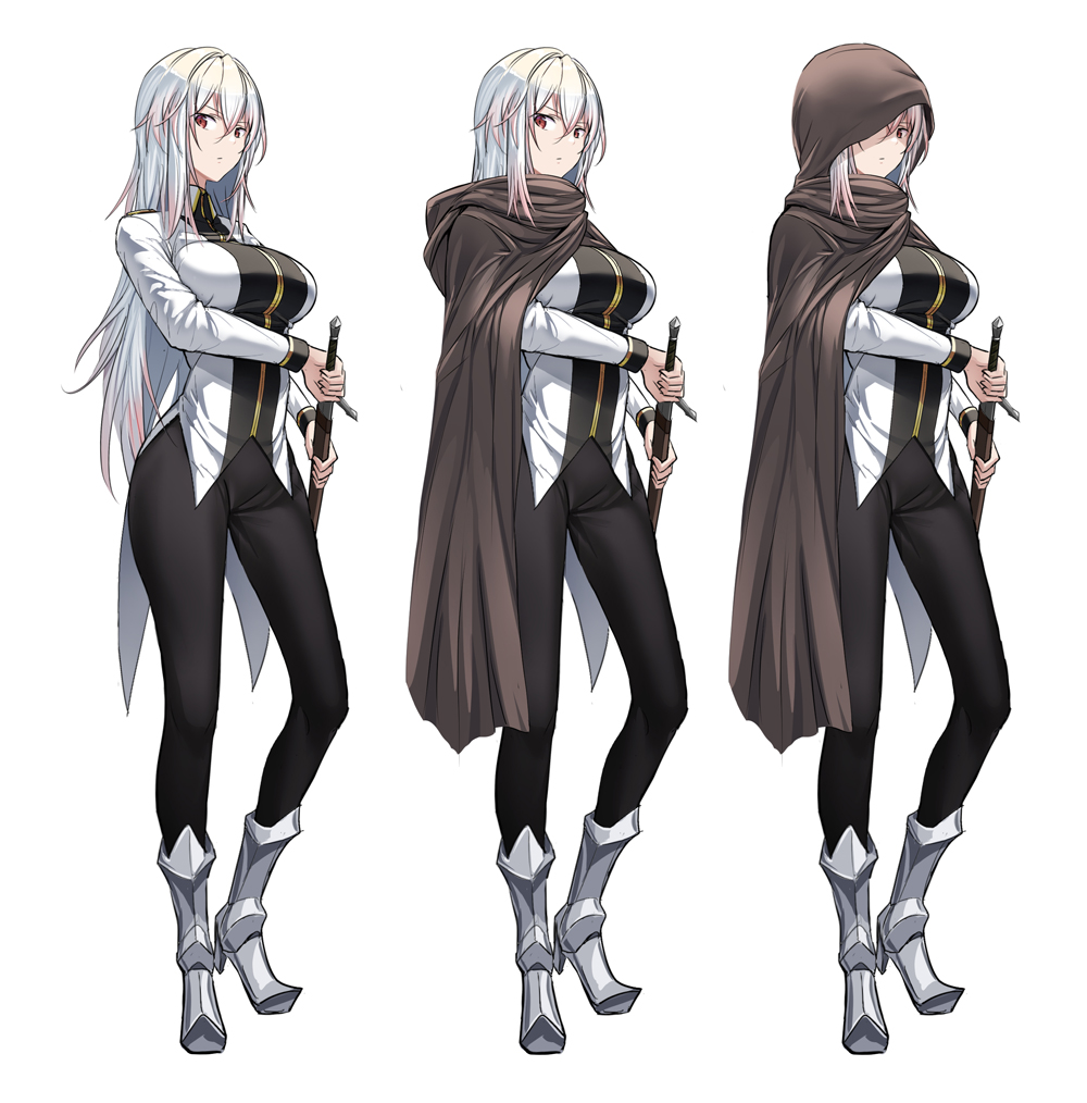 1girl, armored_boots, black_pants, boots, breasts, cloak, drawing_sword, full_body