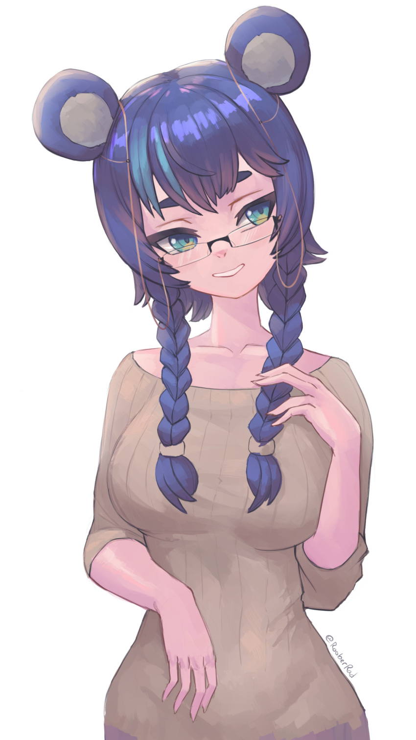 1girl, absurdres, animal_ears, bear_ears, bear_girl, bespectacled, blue_eyes, blue_hair