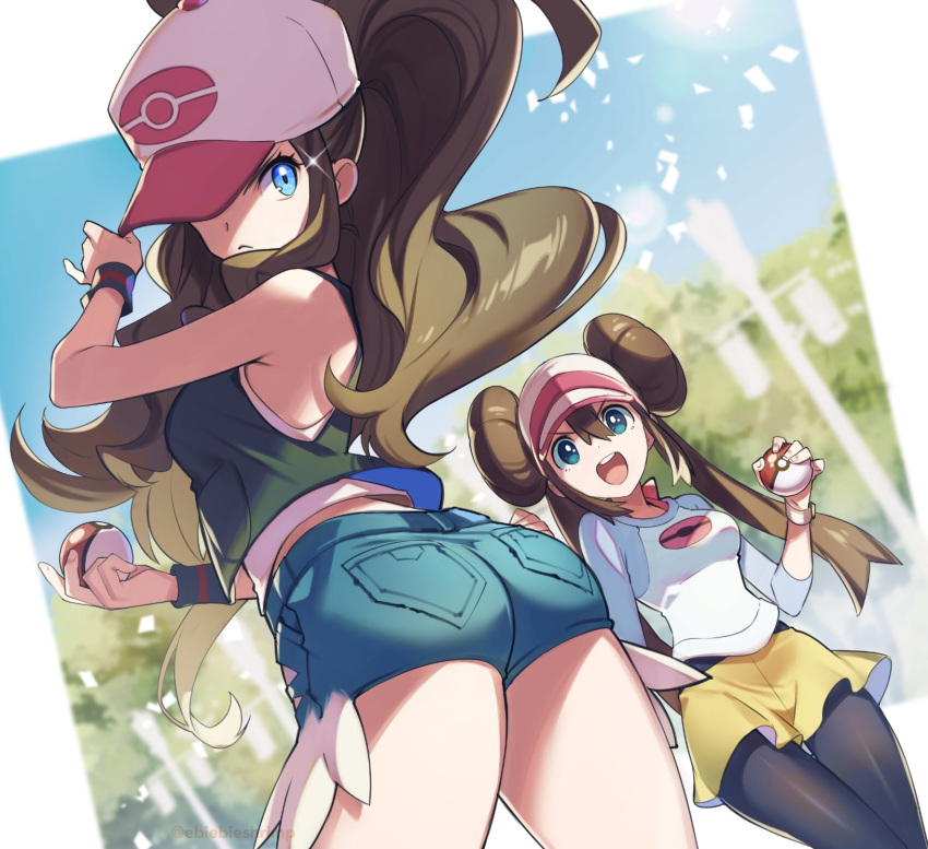 2girls, ass, baseball_cap, black_legwear, black_vest, blue_eyes, blue_shirt, blue_shorts